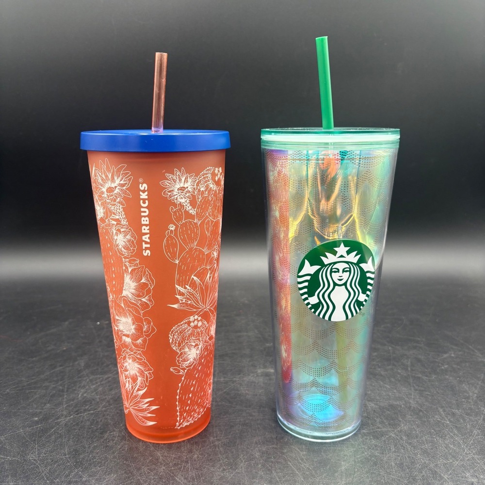 Starbucks Iridescent Mermaid Scale Cold Cup Tumbler 24oz Teal Gold Green Straw